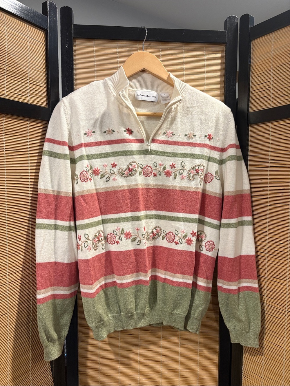 Alfred Dunner Cream, Rose and Olive Floral Stripe Quarter-Zip Sweater